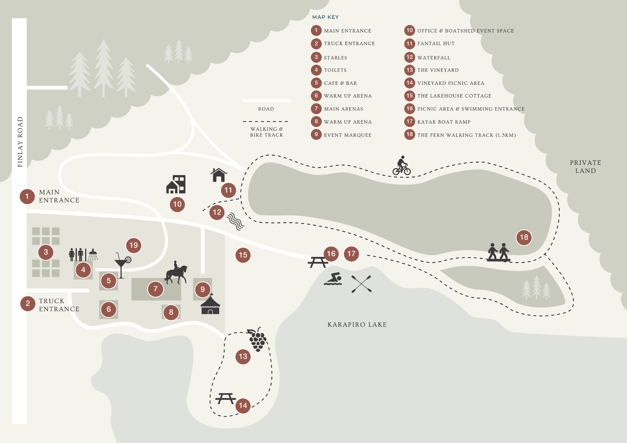 Map of Takapoto Estate showing arenas, stables, cafe, bar, lake, walking and bike track, and entrances
